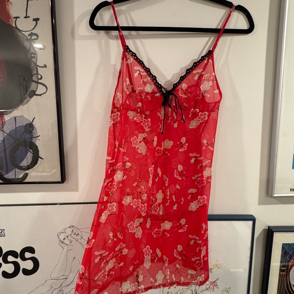 Arianne Red cherry blossom Floral Chemise with Black Lace trim - size L